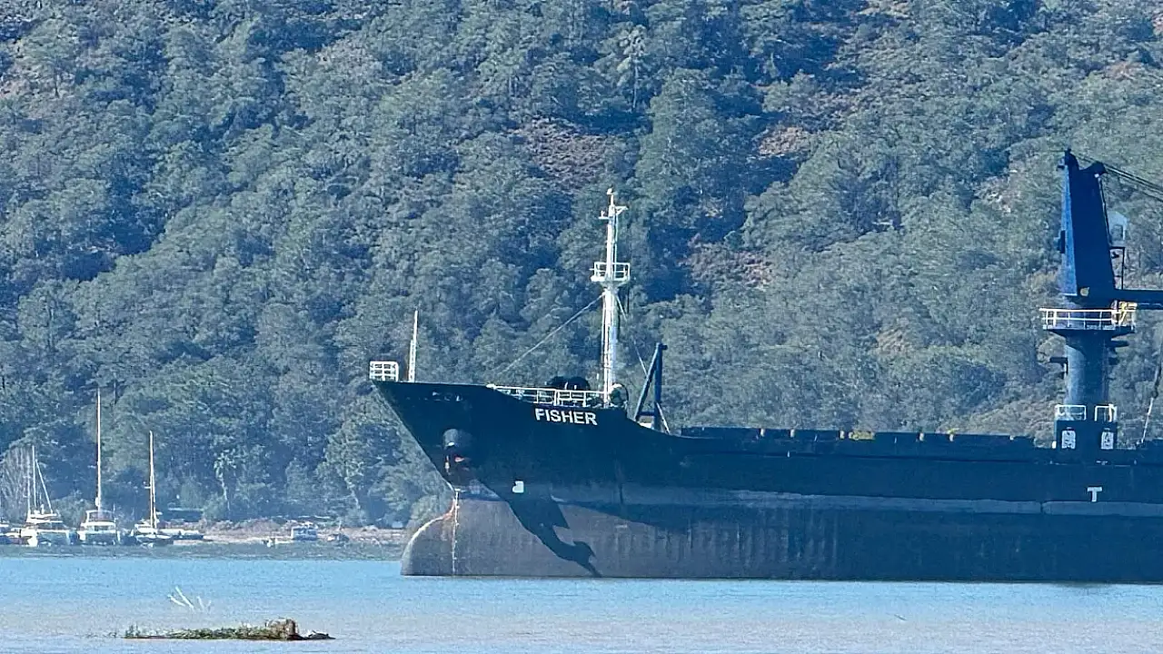 Dev yük gemisi Fethiye Körfezi'ne demirledi