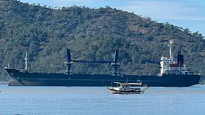 Dev yük gemisi Fethiye Körfezi'ne demirledi