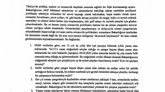 CHP'li Özcan'dan Tarım ve Orman Bakanına orman yangınları ile ilgili 41 soru