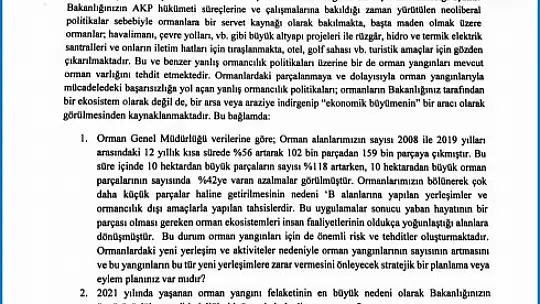 CHP'li Özcan'dan Tarım ve Orman Bakanına orman yangınları ile ilgili 41 soru