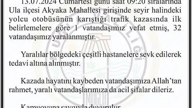 Akyaka'daki kazayla ilgili Muğla Valiliği'nden açıklama
