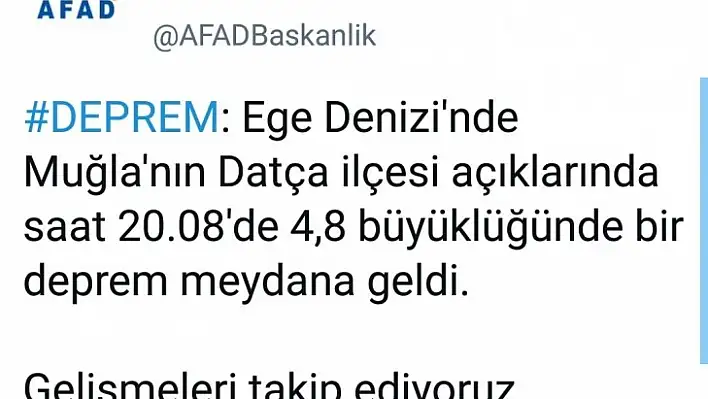 DATÇA AÇIKLARINDA 4.8 BÜYÜKLÜĞÜNDE DEPREM