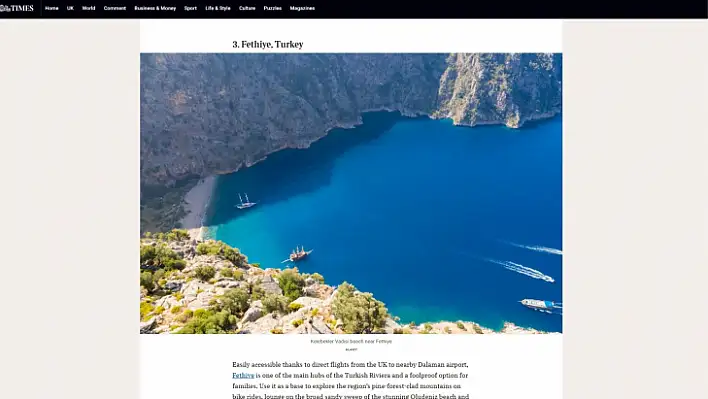 Fethiye, The Times gazetesinde Ekim Ayı'nın en iyi plaj tatili listesinde yer aldı