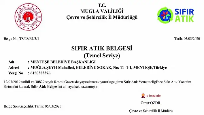 Menteşe Belediyesi'ne Sıfır Atık Belgesi