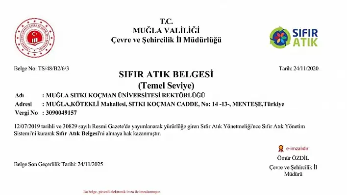 MSKÜ 'Sıfır Atık Belgesi' aldı