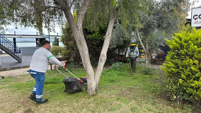 Fethiye'de 2. etap sahil bandında çim kesim çalışması
